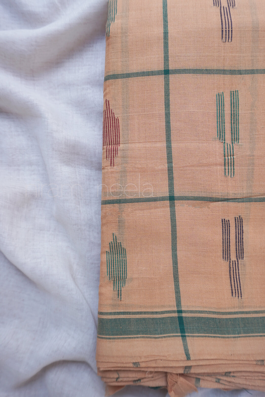 Cream and green checkered Angara cotton saree - Niram Neela