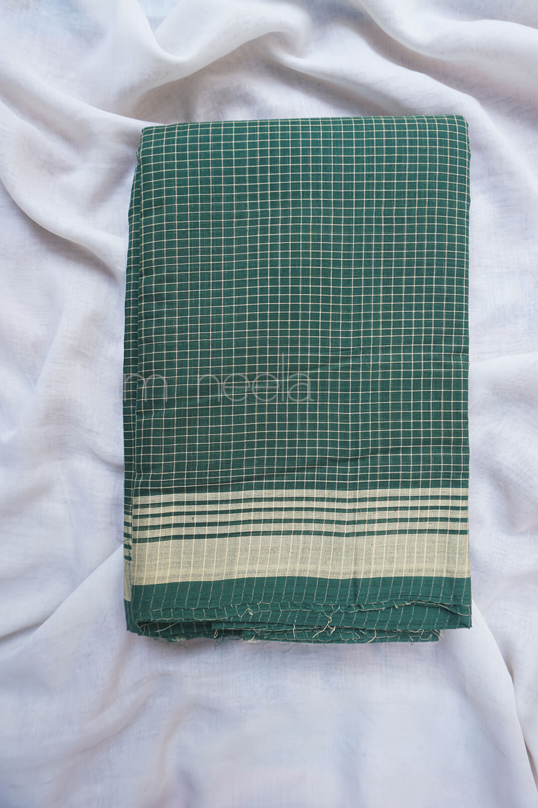 Green and cream checkered Angara cotton saree - Niram Neela