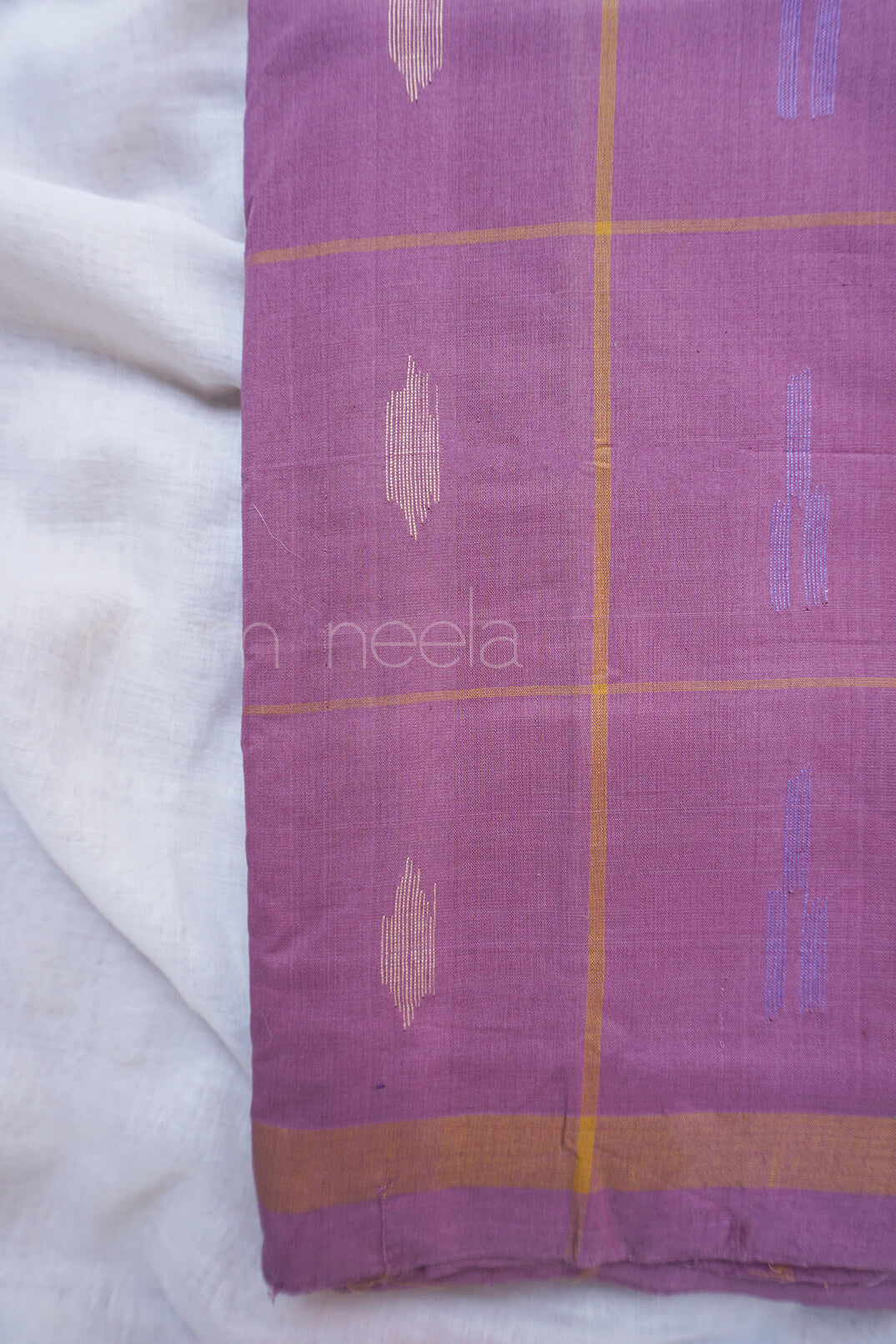 Mauve and ochre checkered Angara cotton saree - Niram Neela