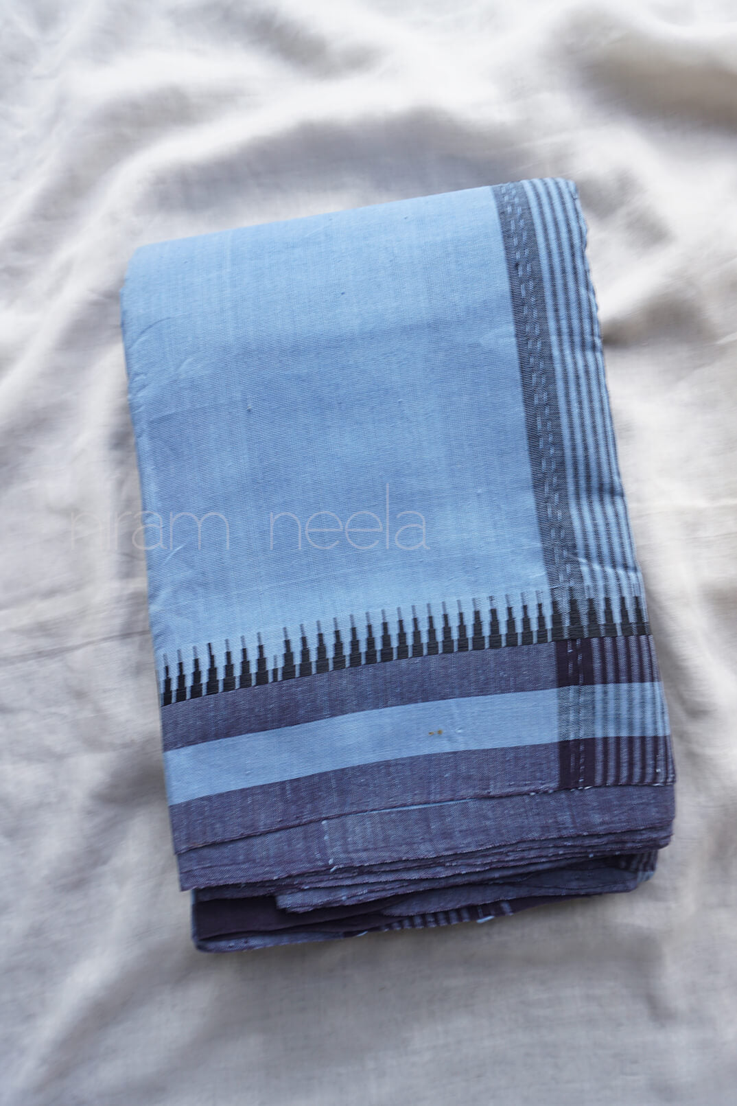 Powder blue and black Angara cotton saree - Niram Neela