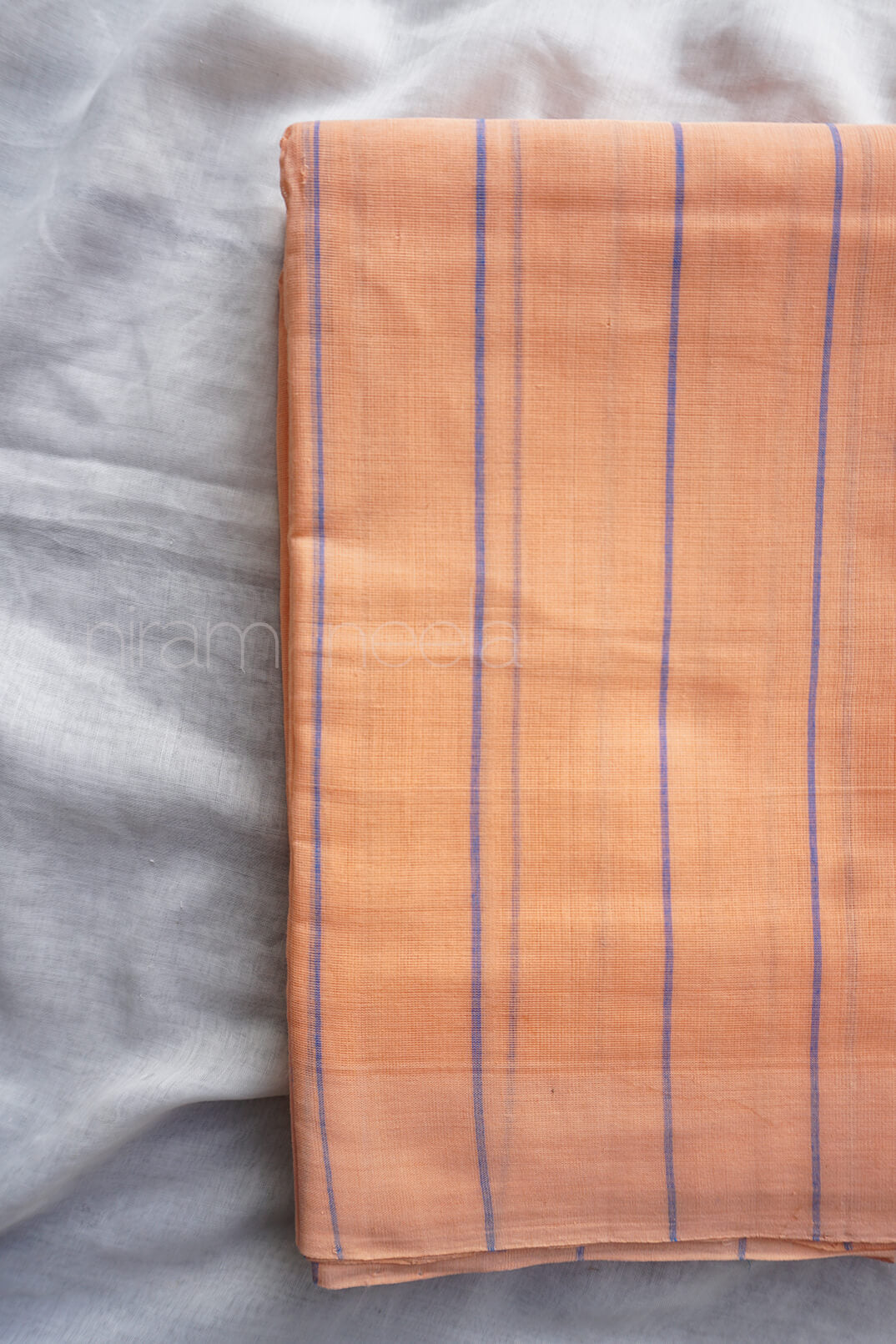 Peach and blue striped Bobbili cotton saree - Niram Neela