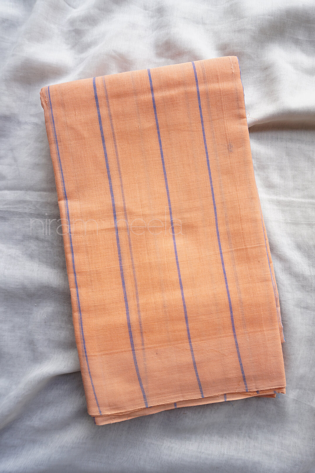 Peach and blue striped Bobbili cotton saree - Niram Neela