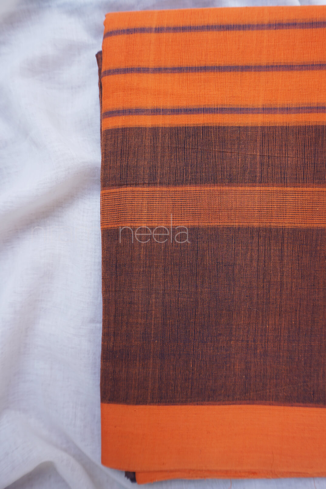 Orange and black striped Bobbili cotton saree - Niram Neela