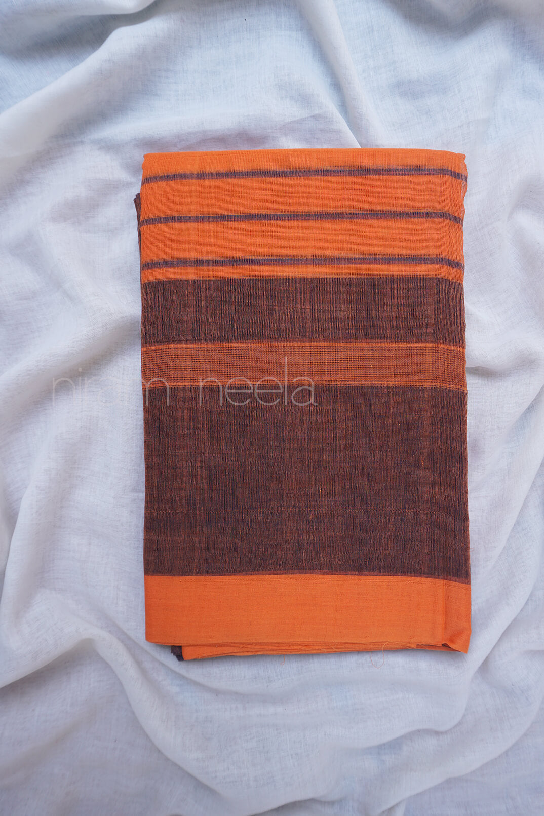 Orange and black striped Bobbili cotton saree - Niram Neela