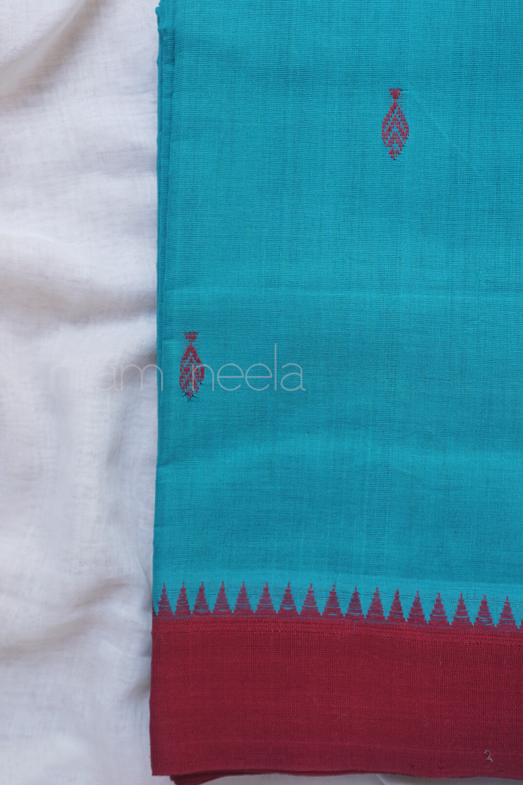 Teal and maroon Kuppadam cotton saree - Niram Neela