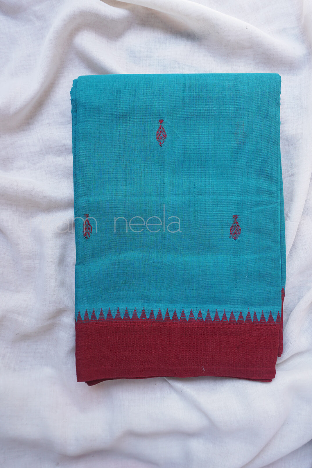 Teal and maroon Kuppadam cotton saree - Niram Neela