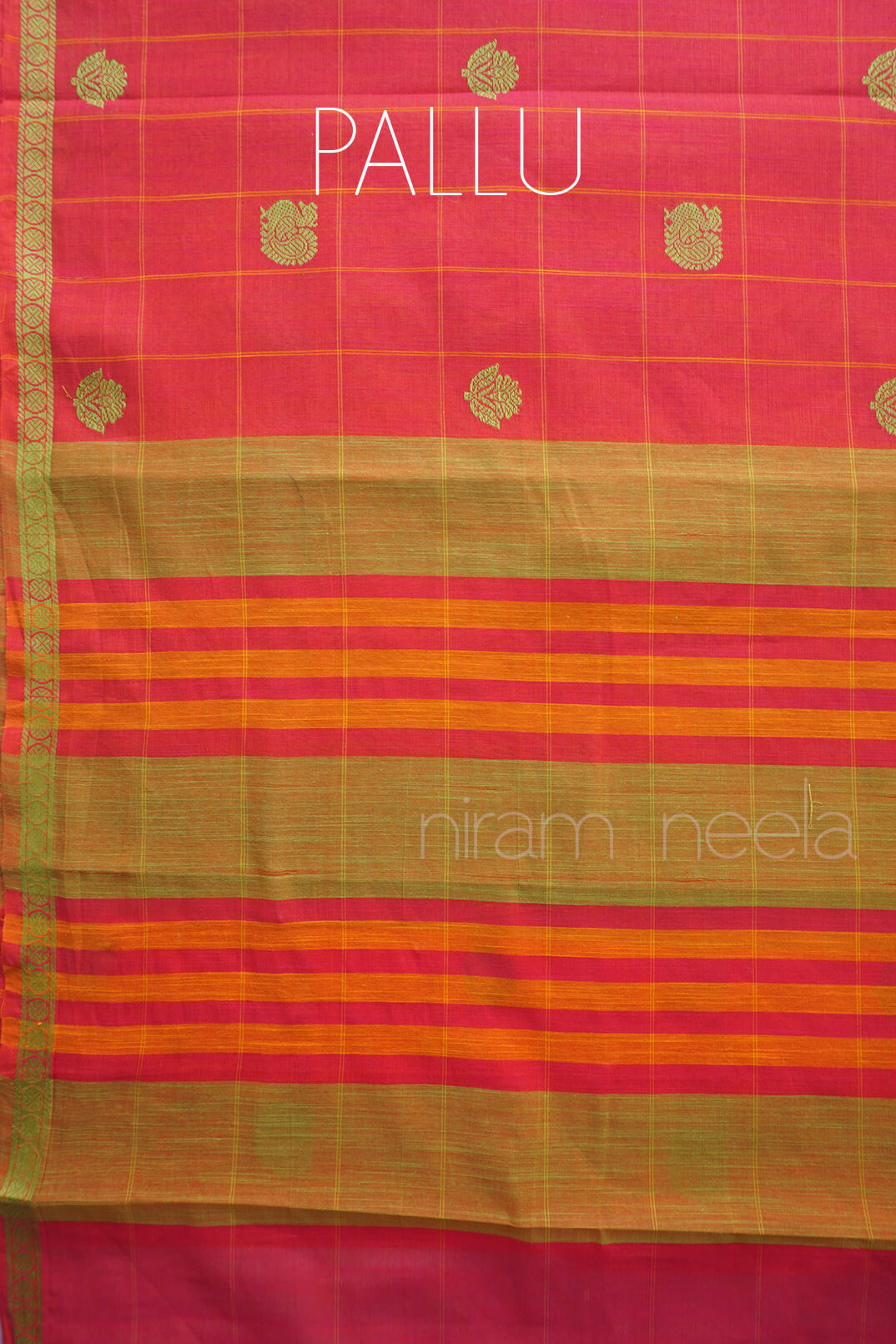 Pink and olive green Godavari cotton saree in checks from Niram Neela