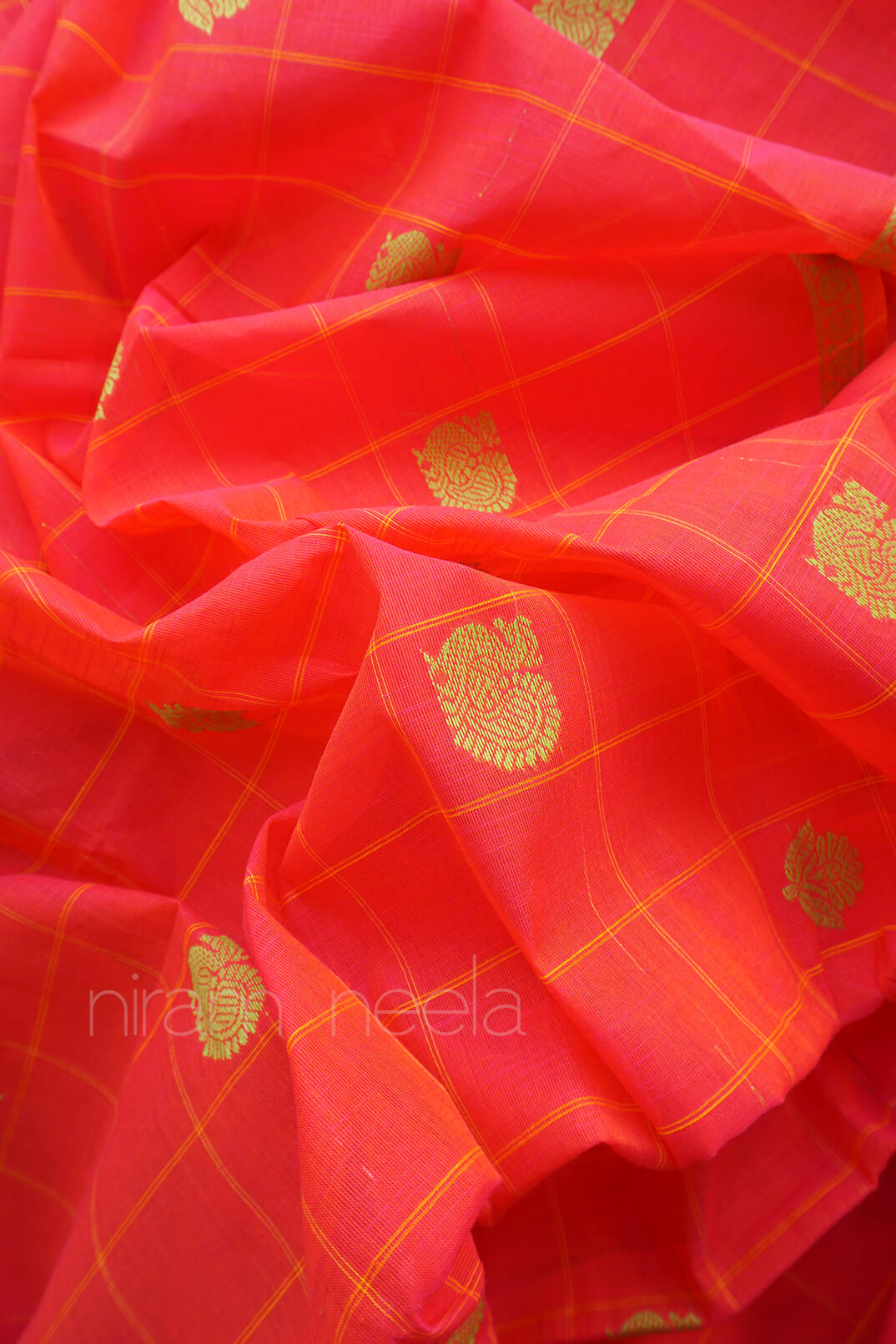 Pink and olive green Godavari cotton saree in checks from Niram Neela