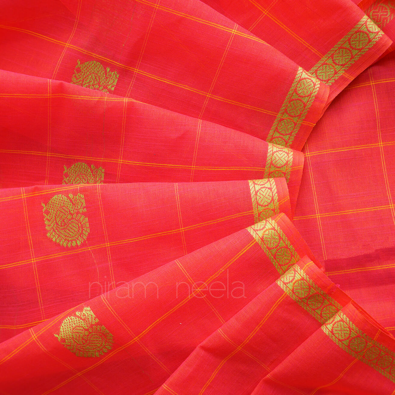 Pink and olive green Godavari cotton saree in checks from Niram Neela