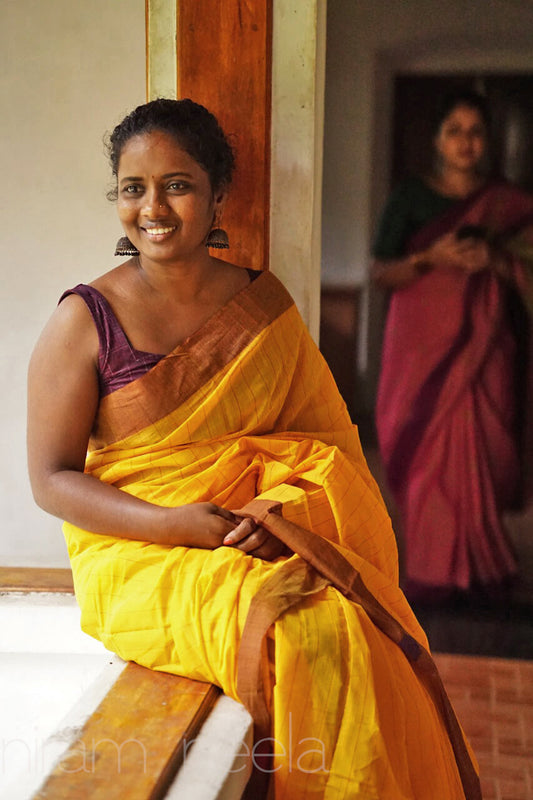 Yellow and brown Aruppukottai cotton saree- - Niram Neela