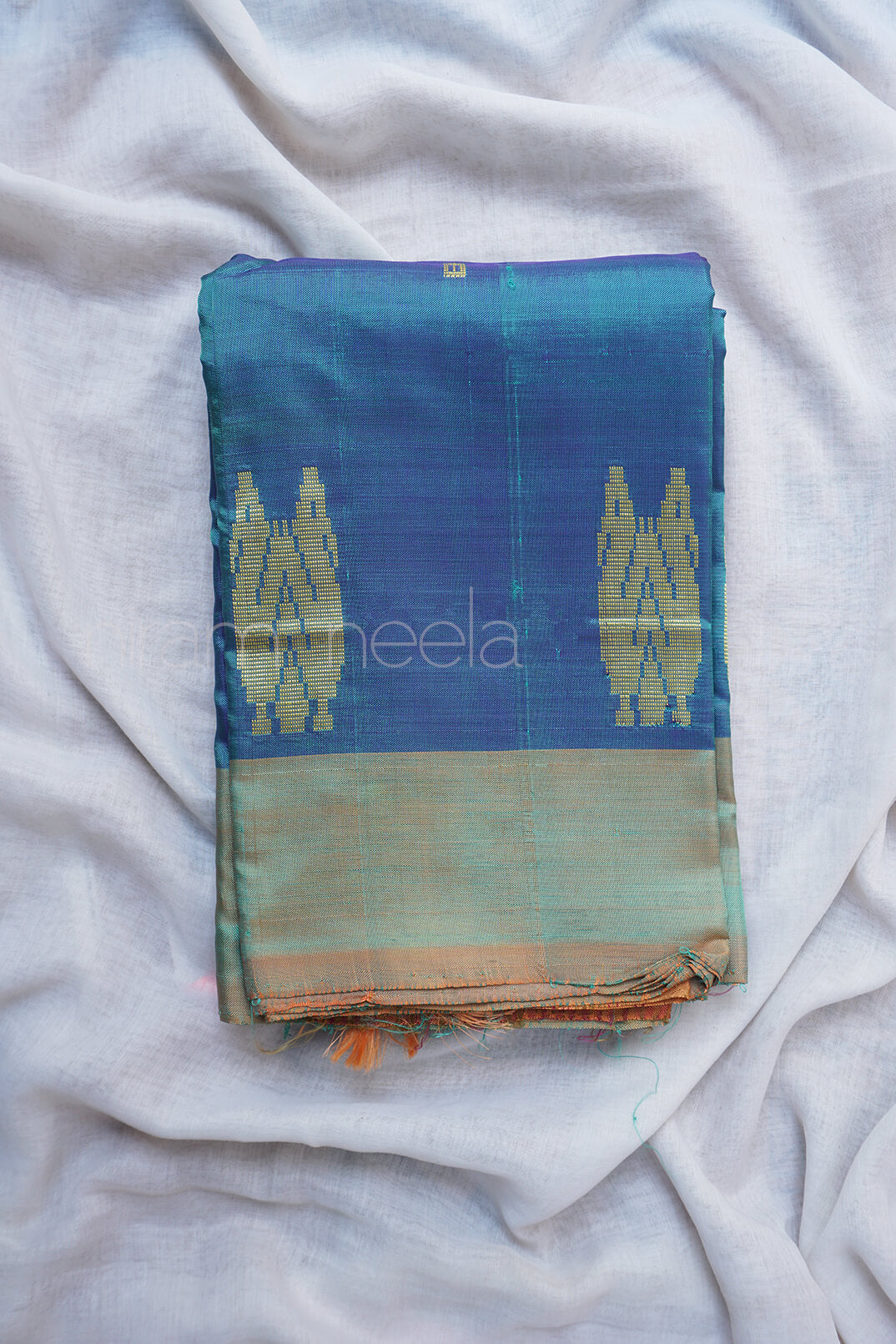 Peacock green and ochre Chinnalapattu Banana silk saree - Niram Neela