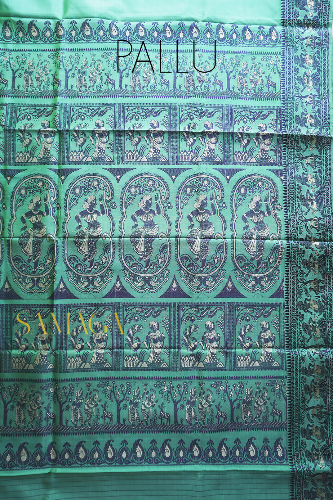 Seafoam green and blue Baluchari silk saree | Samaga by Niram Neela