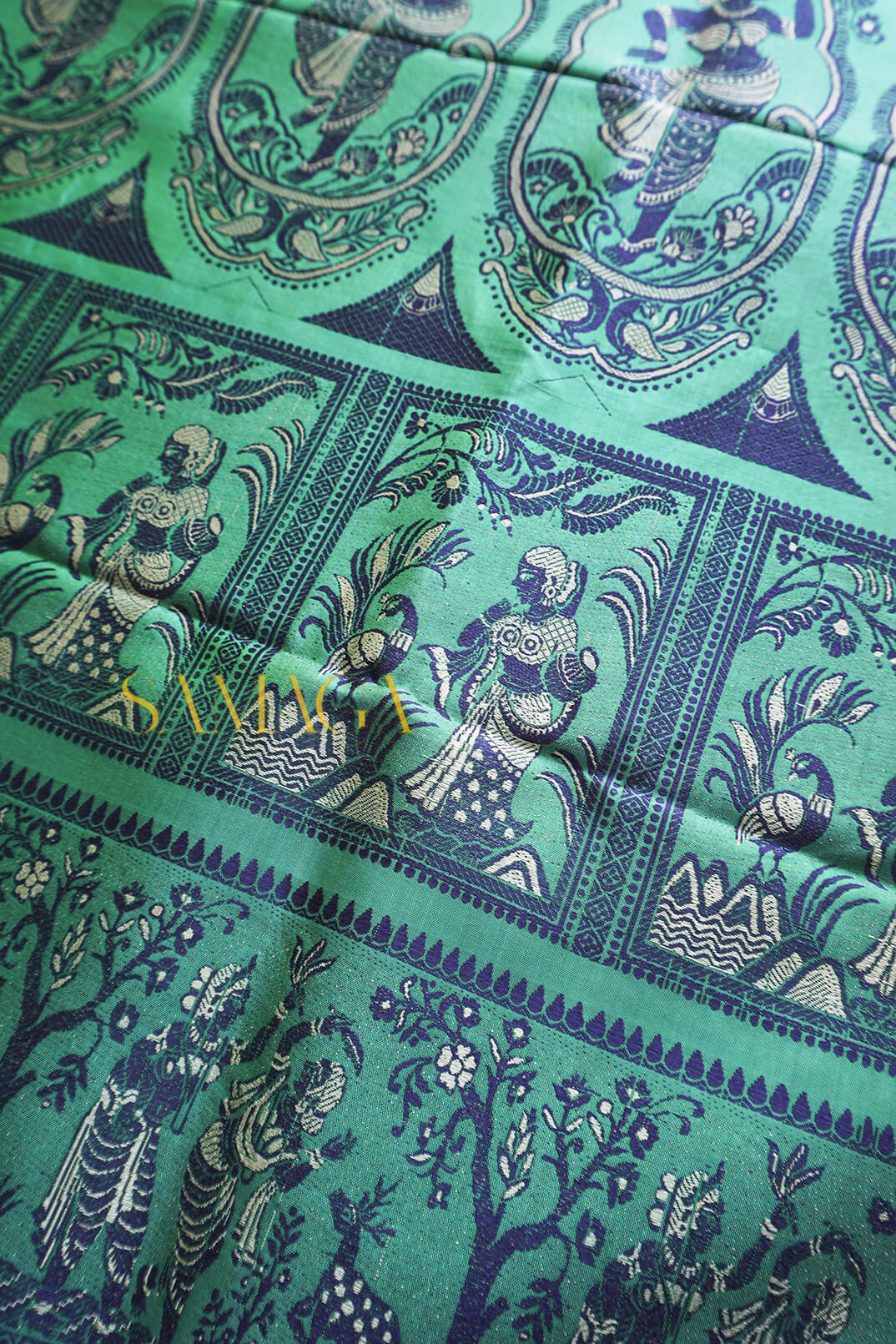 Seafoam green and blue Baluchari silk saree | Samaga by Niram Neela