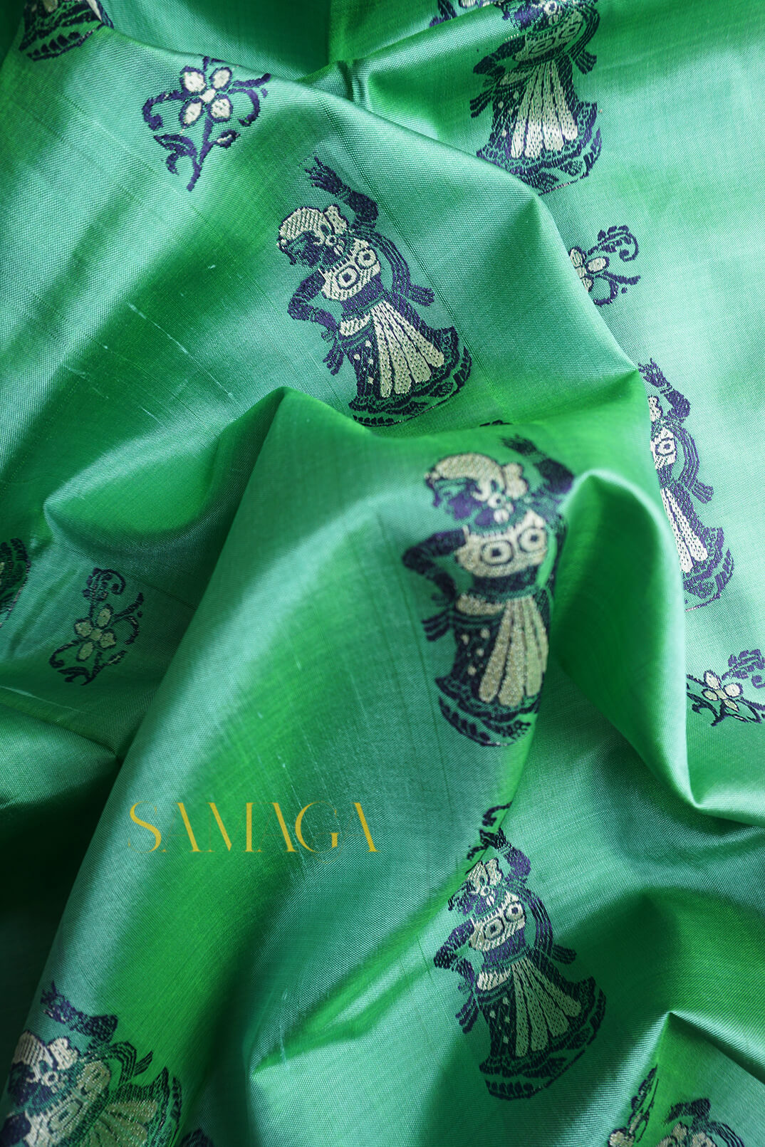 Seafoam green and blue Baluchari silk saree | Samaga by Niram Neela