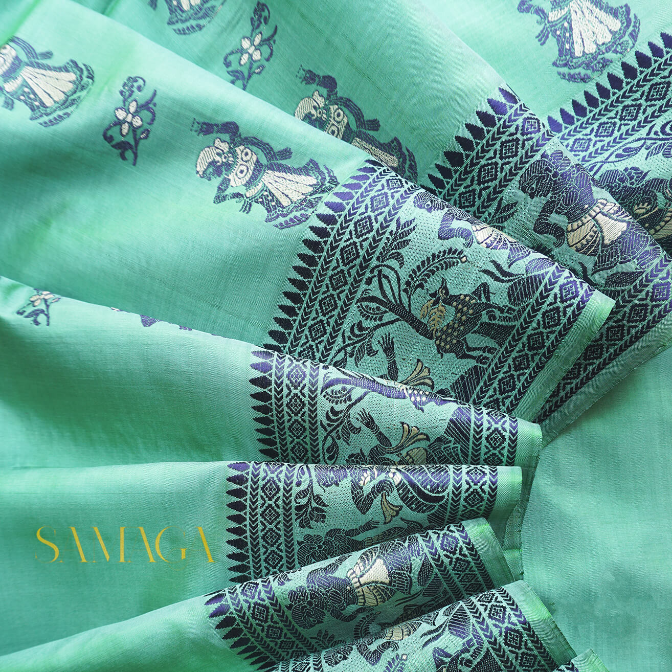 Seafoam green and blue Baluchari silk saree | Samaga by Niram Neela