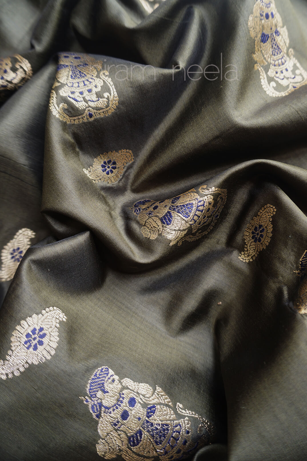 Olive green and gold Swarnachari silk saree- Samaga by Niram Neela