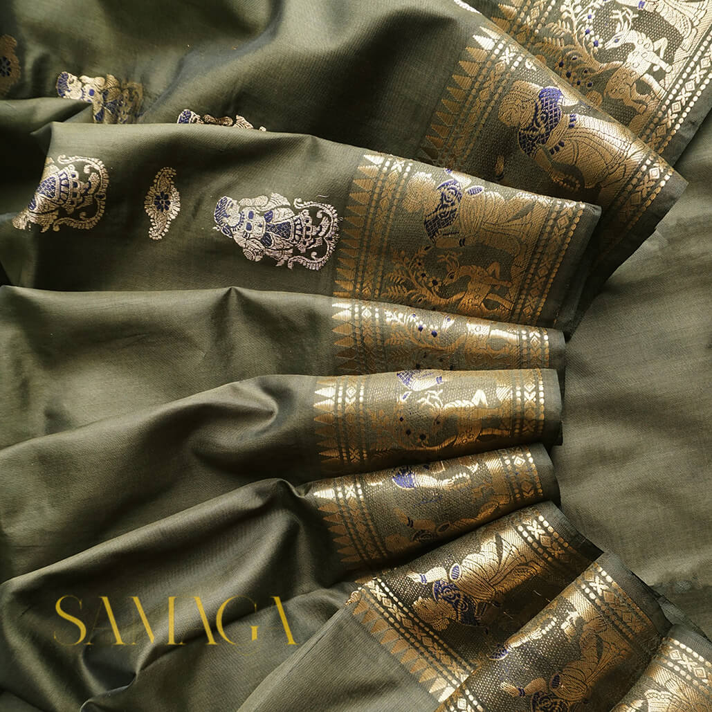 Olive green and gold Swarnachari silk saree- Samaga by Niram Neela