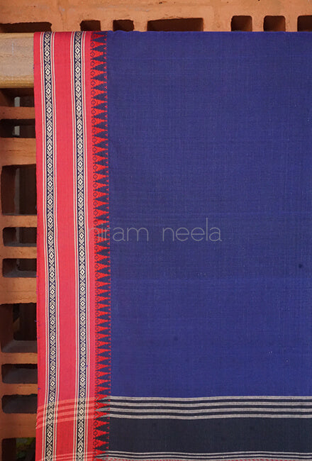 Blue and red Begumpuri cotton saree - Niram Neela