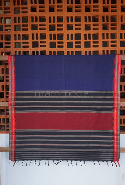 Blue and red Begumpuri cotton saree - Niram Neela