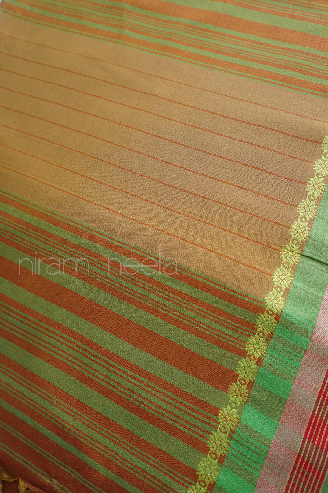 Brown and green Begumpuri cotton saree - Niram Neela