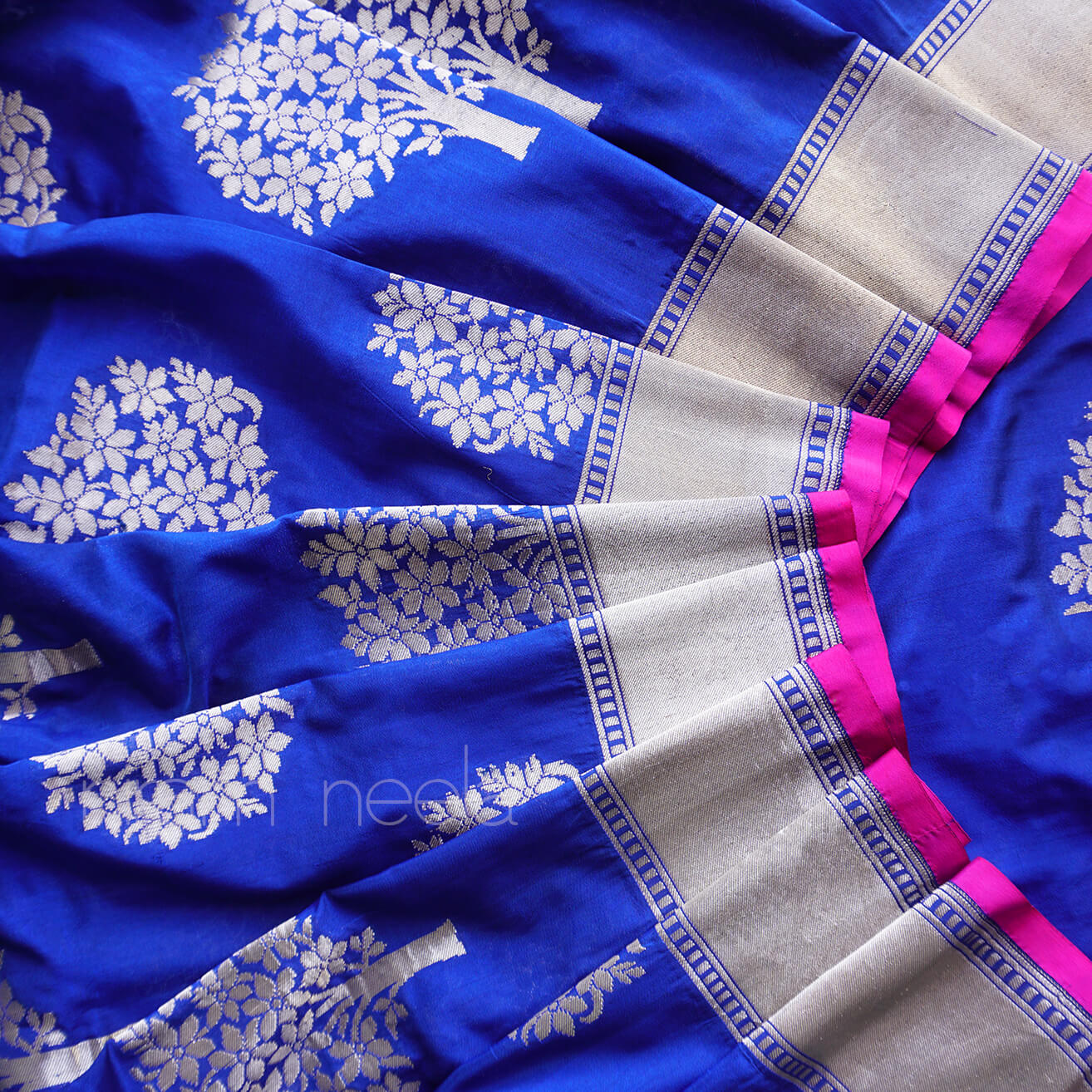 Blue and silver Banaras Katan silk saree - Niram Neela