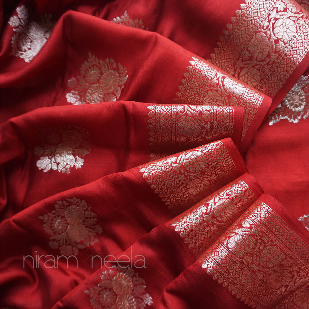 Red and gold Banarasi Munga silk saree | Samaga by Niram Neela