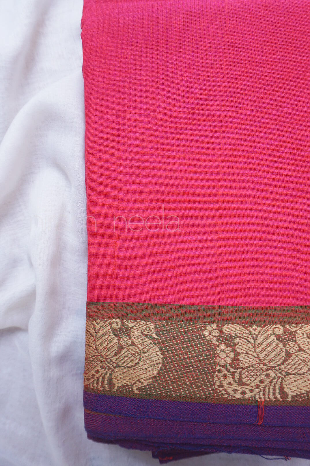 Pink and olive Chettinad cotton saree - Niram Neela