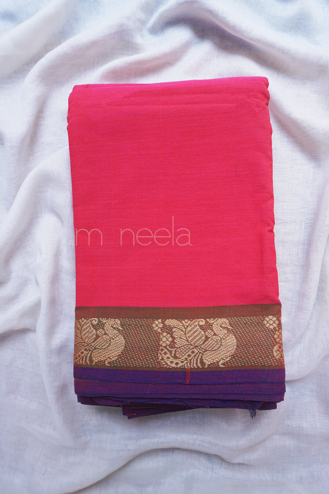 Pink and olive Chettinad cotton saree - Niram Neela