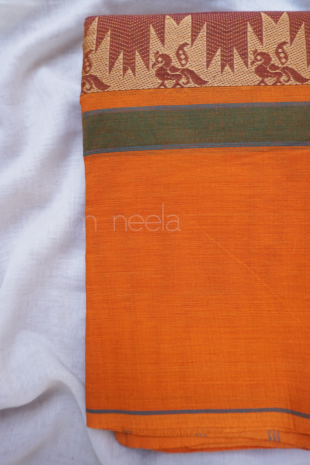 Brown and orange Chettinad cotton saree - Niram Neela