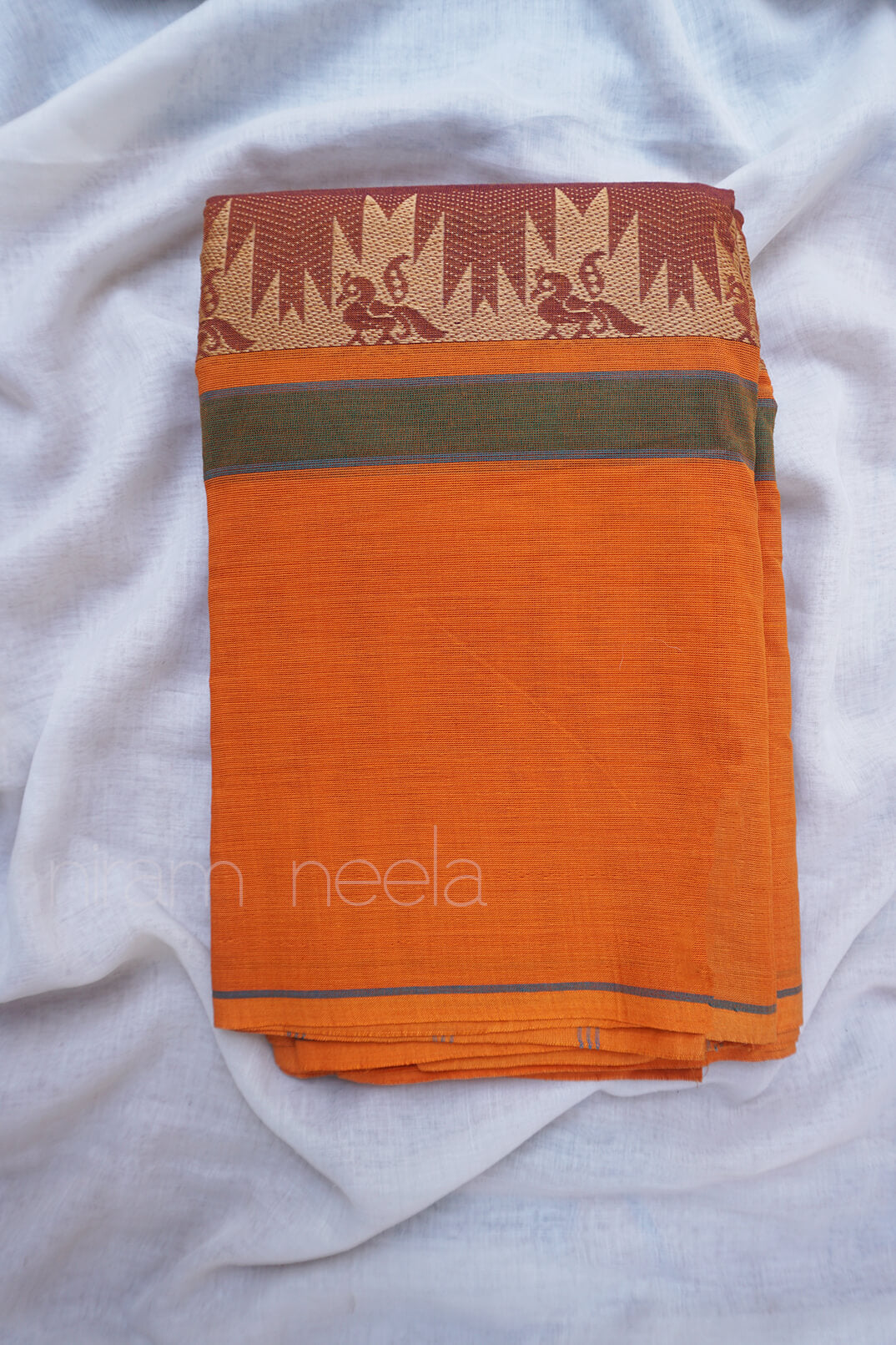 Brown and orange Chettinad cotton saree - Niram Neela