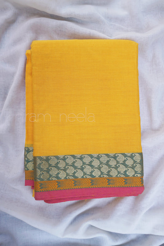 Yellow and green Chettinad cotton saree - Niram Neela