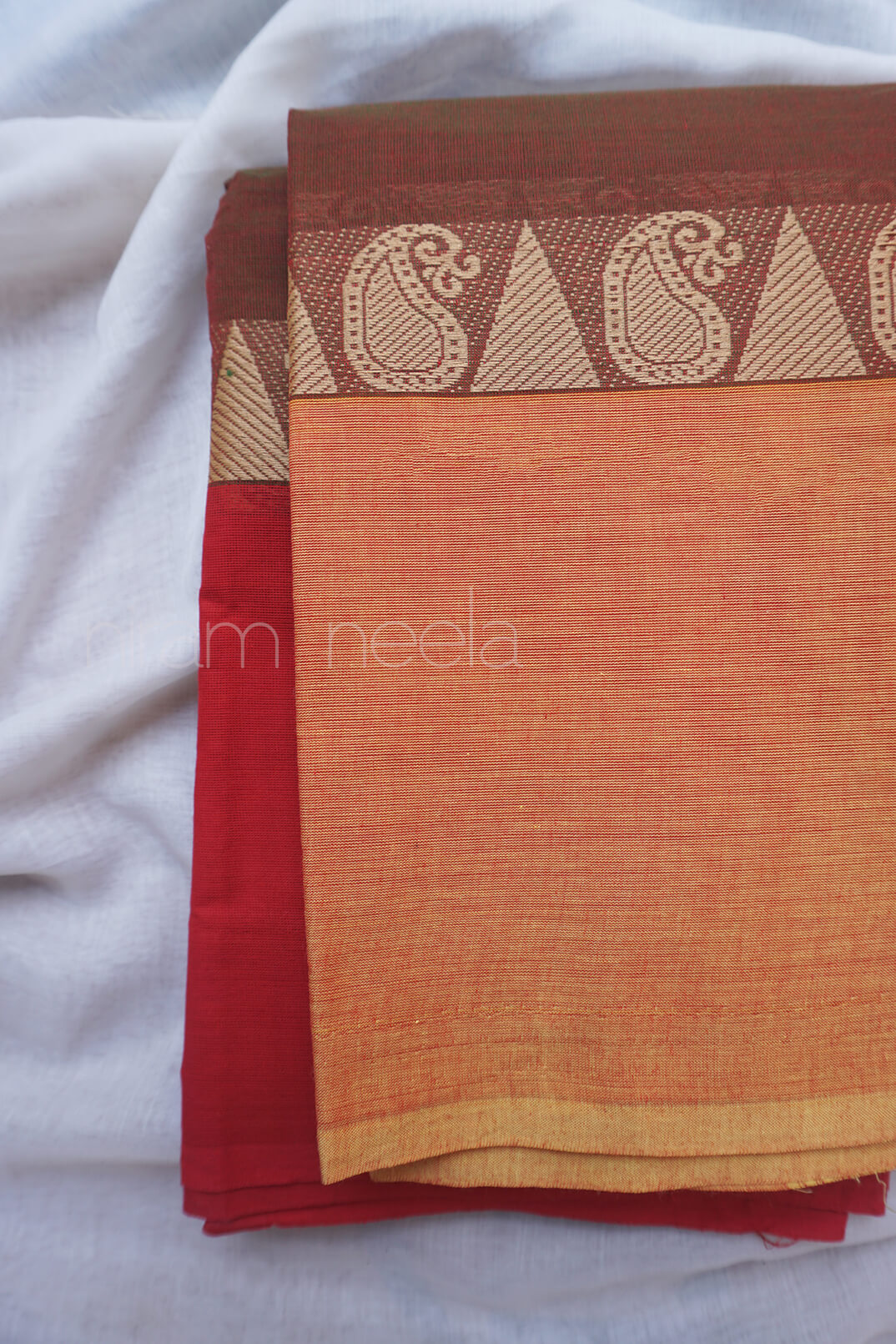 Brown and red Ganga jamuna Chettinad cotton saree - Niram Neela