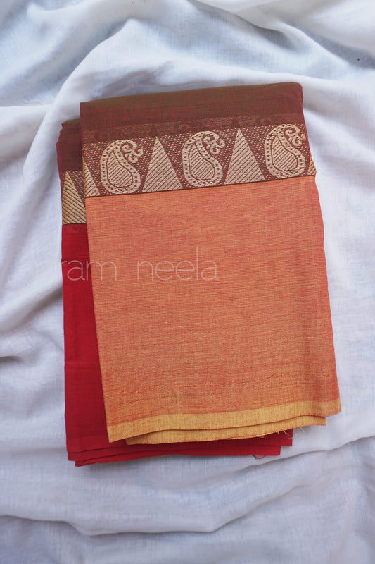 Brown and red Ganga jamuna Chettinad cotton saree - Niram Neela