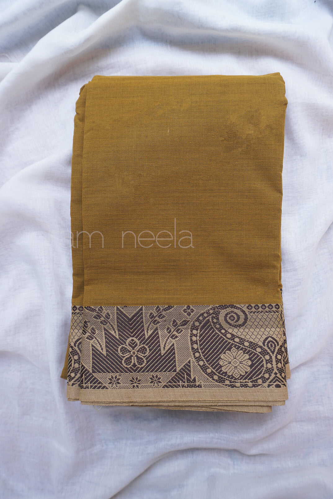 Khaki and brown Chettinad cotton saree - Niram Neela