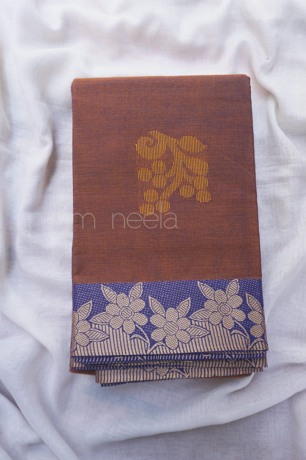 Brown and violet Chettinad cotton saree - Niram Neela