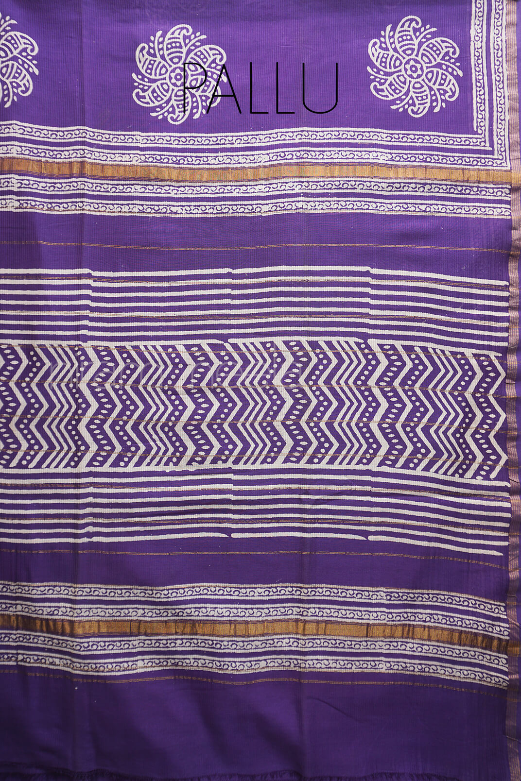 Violet and white printed Chanderi silk cotton saree