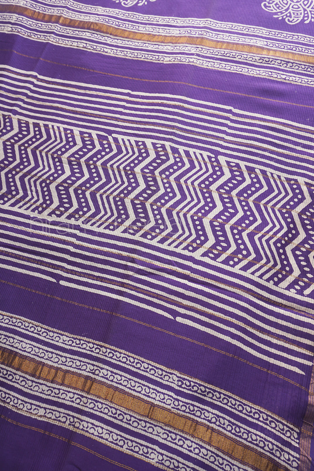 Violet and white printed Chanderi silk cotton saree