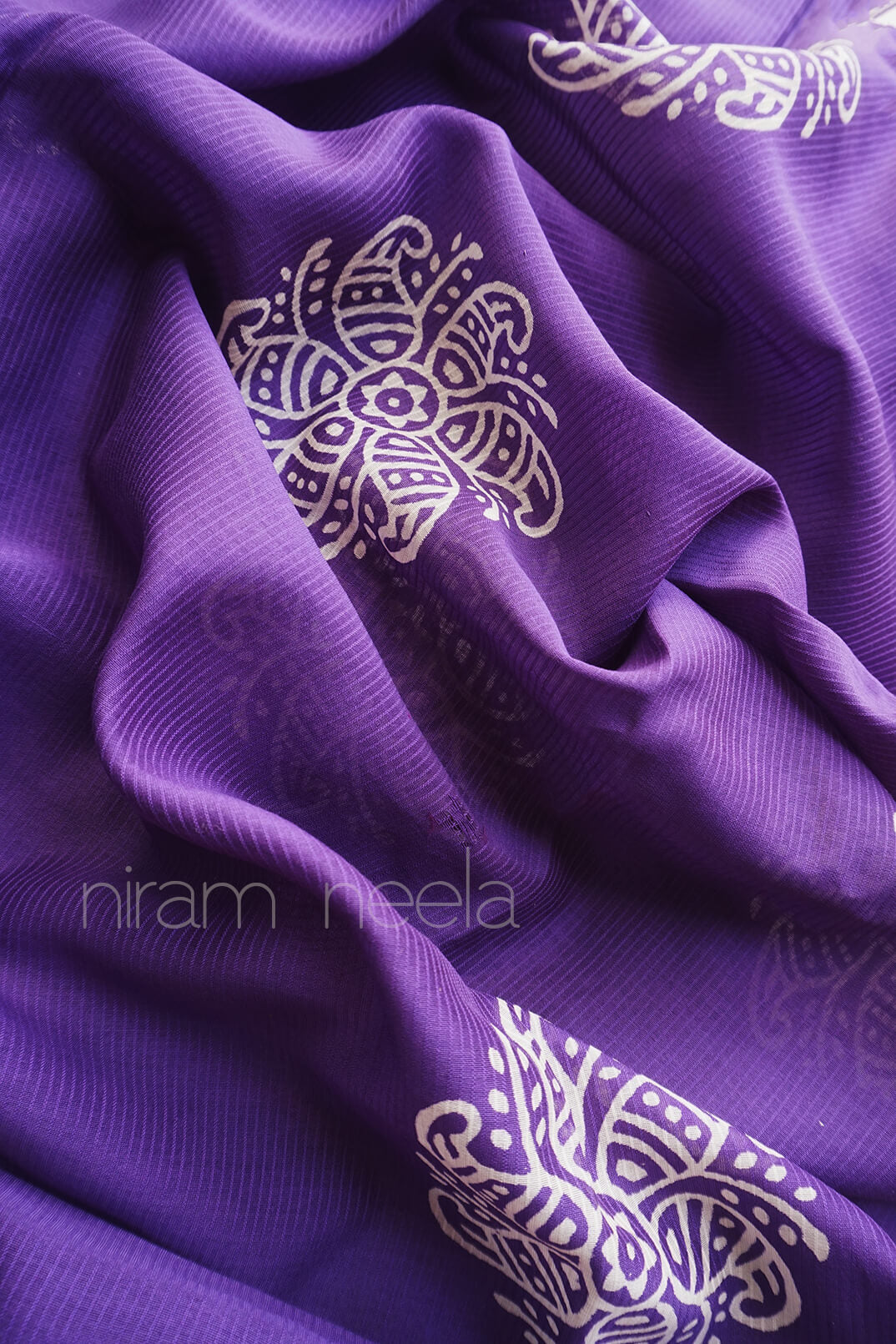 Violet and white printed Chanderi silk cotton saree