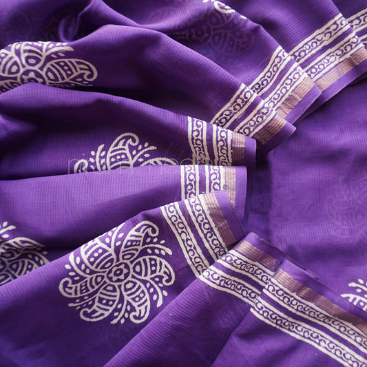 Violet and white printed Chanderi silk cotton saree