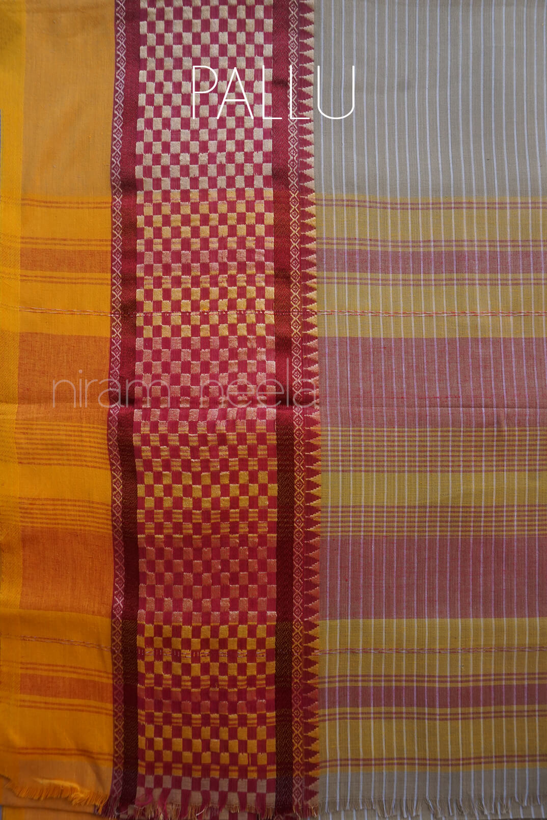 Beige and yellow Dhaniakhali cotton saree | NIRAM NEELA