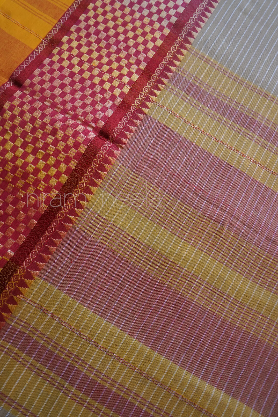 Beige and yellow Dhaniakhali cotton saree | NIRAM NEELA