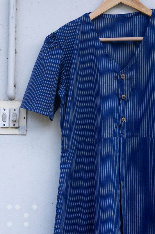 Buttoned A line dress in blue pinstripes - Niram Neela