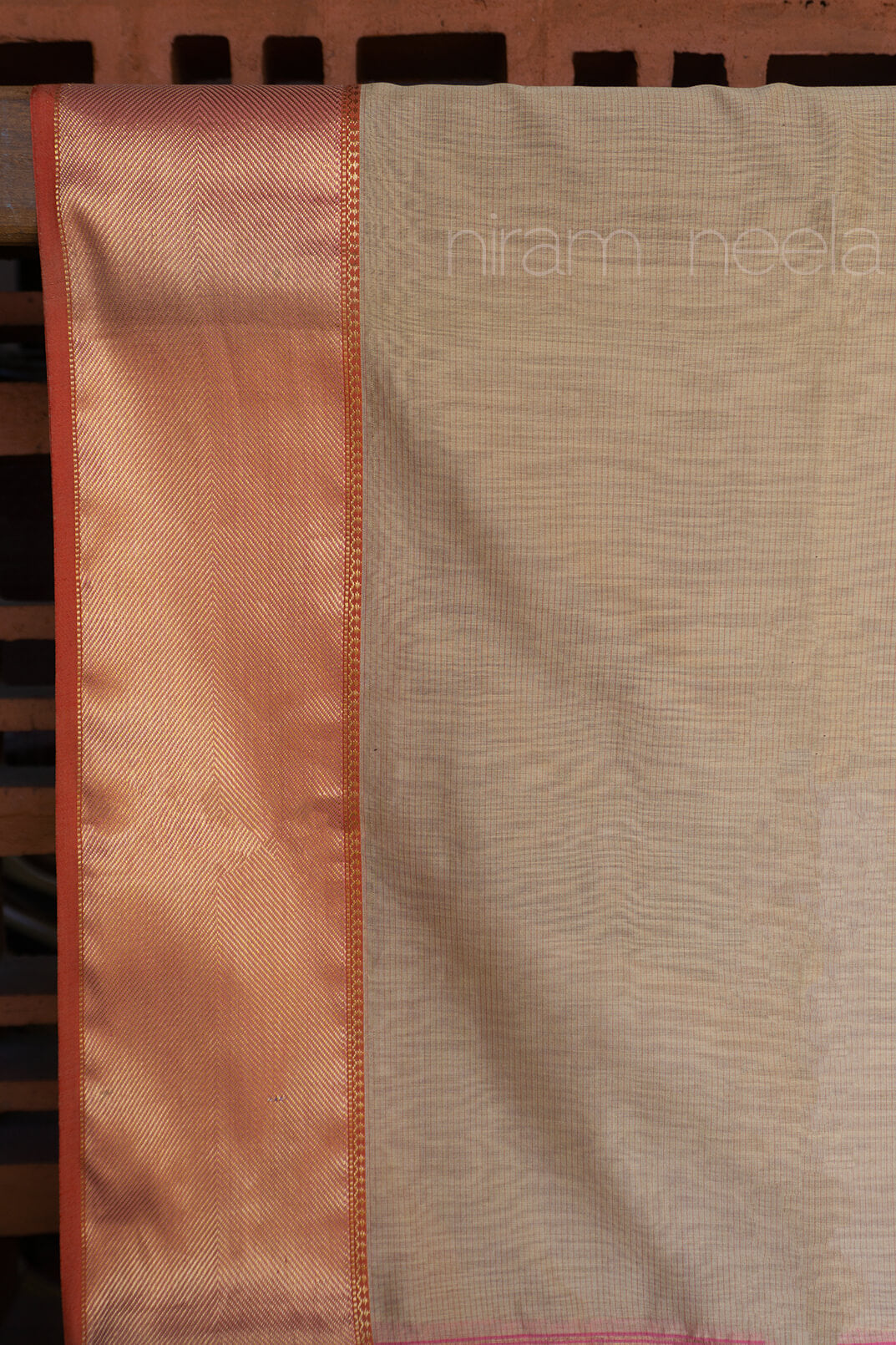 Cream and orange Maheshwari silk cotton saree - Niram Neela