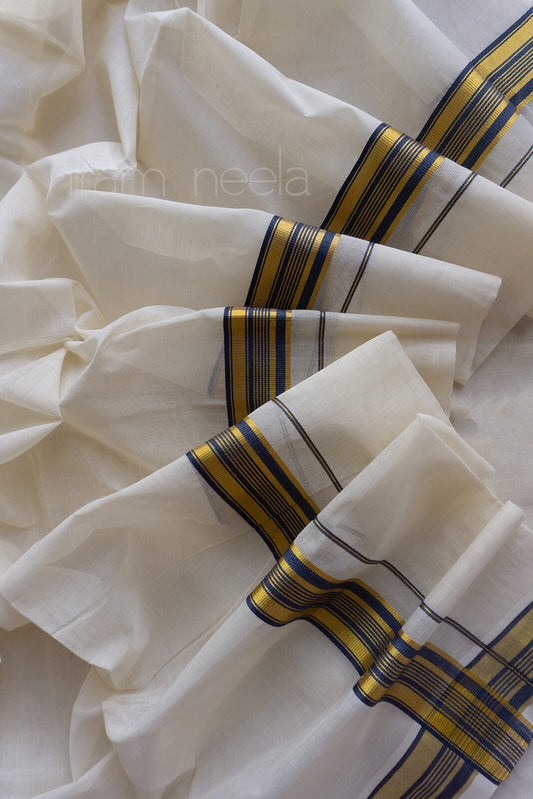 Ivory and navy blue single mundu - Niram Neela