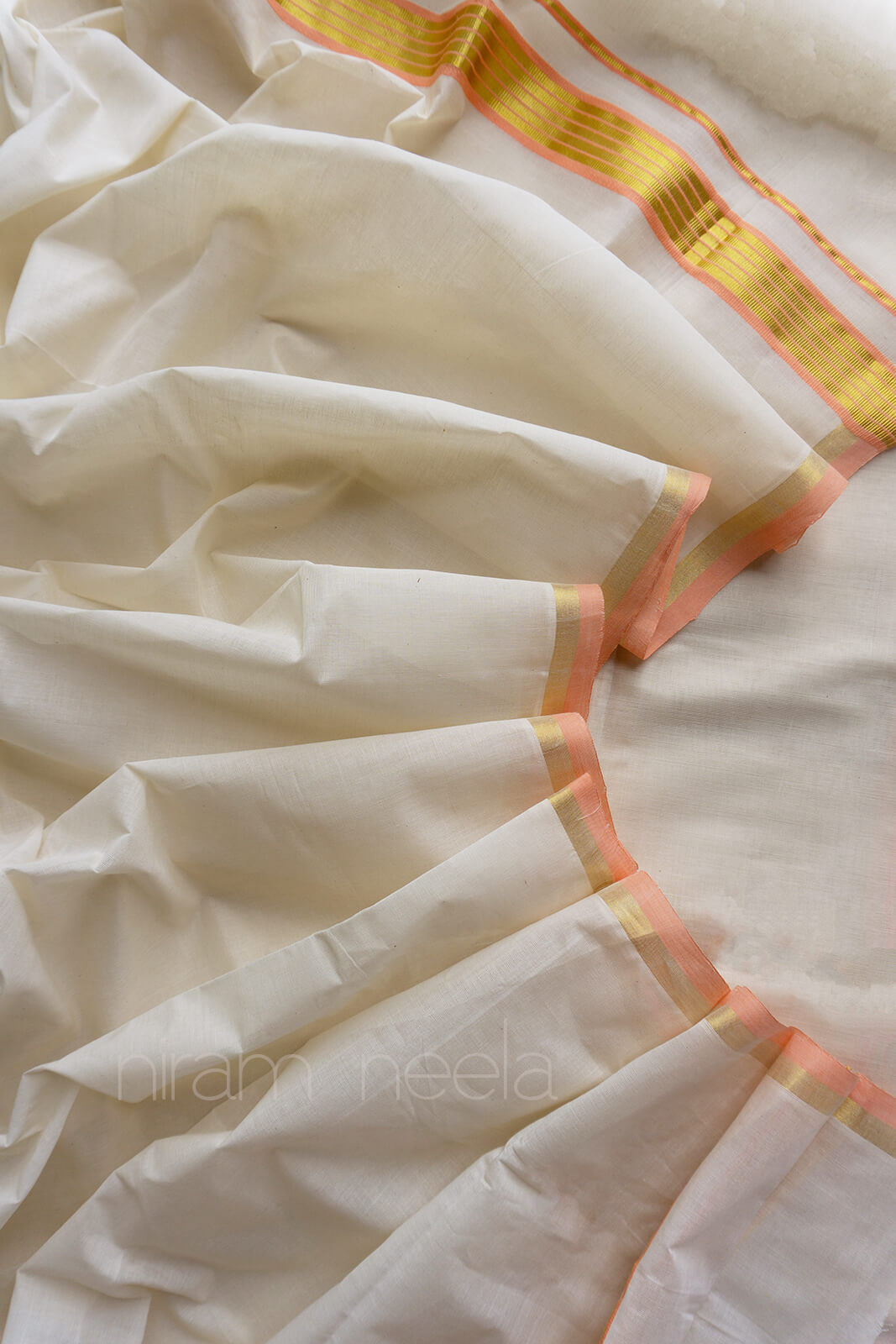 Ivory and peach set mundu - Niram Neela