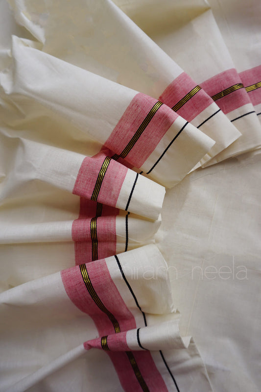 Ivory and pink double mundu - Niram Neela