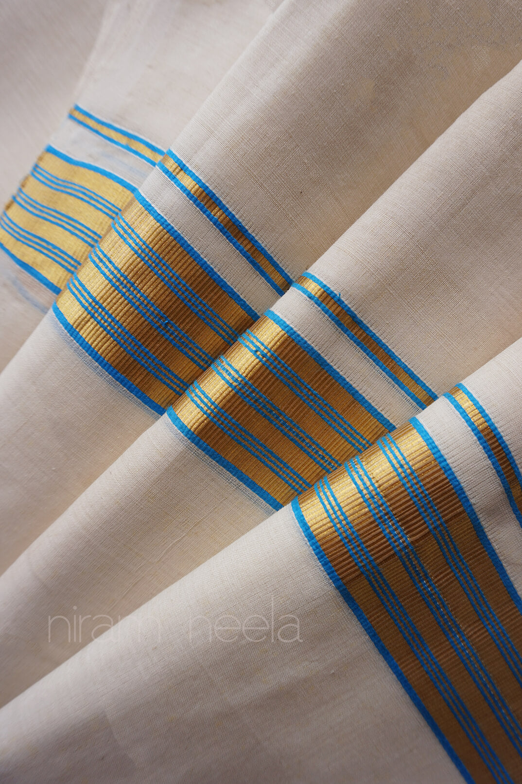 Ivory and blue double set mundu - Niram Neela