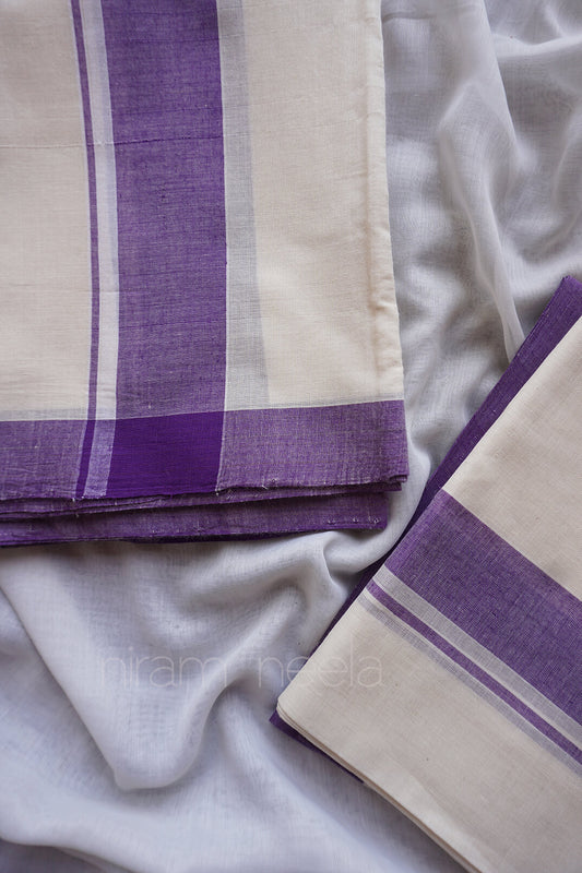 Ivory and violet single set mundu - Niram Neela