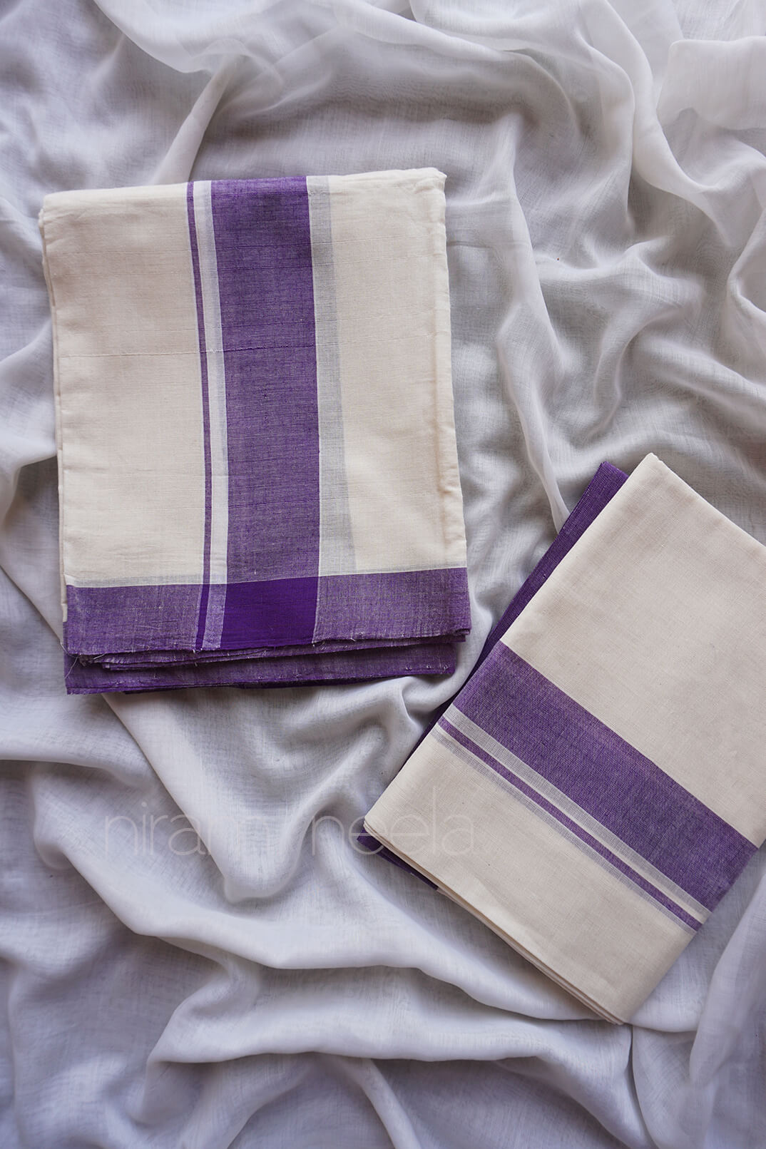 Ivory and violet single set mundu - Niram Neela