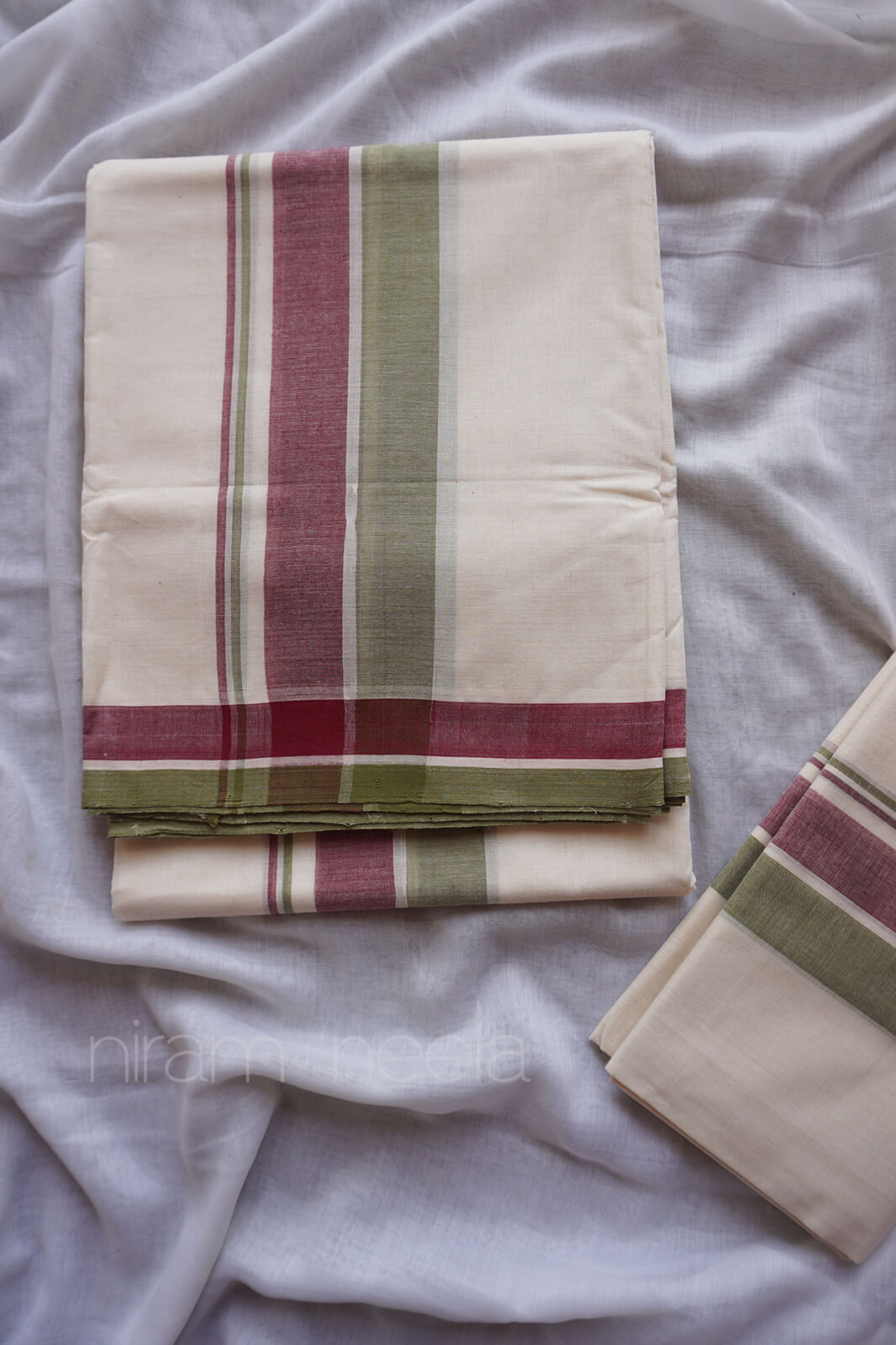 Ivory and olive double set mundu - Niram Neela